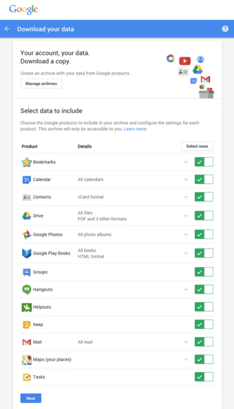 The Google Takeout data export page.