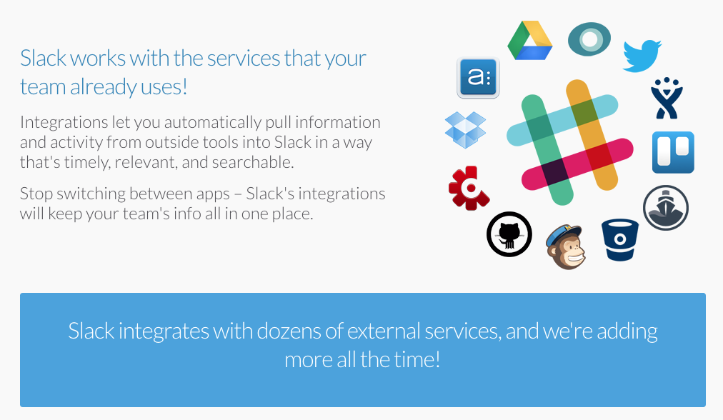 Slack highlights their easy integration with other members of the new business software ecosystem.